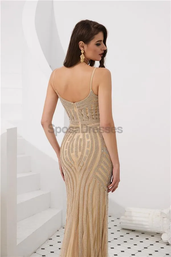 Spaghetti Straps Grey Beaded Mermaid Evening Prom Dresses, Evening Party Prom Dresses, 12084