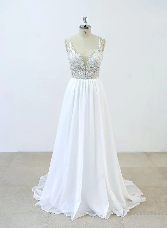 Spaghetti Straps Lace Beaded Cheap Beach Wedding Dresses Online, WD377