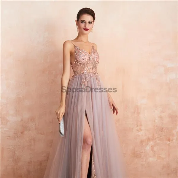 Spaghetti Straps See Through Beaded A-line Long Evening Prom Dresses, Evening Party Prom Dresses, 12135