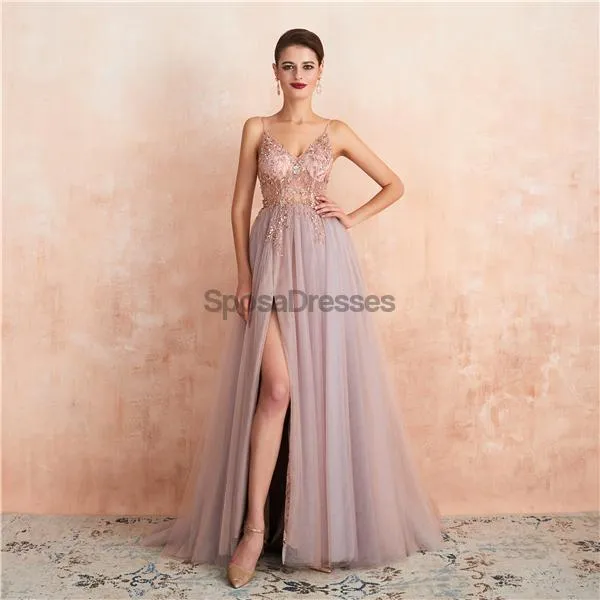 Spaghetti Straps See Through Beaded A-line Long Evening Prom Dresses, Evening Party Prom Dresses, 12135