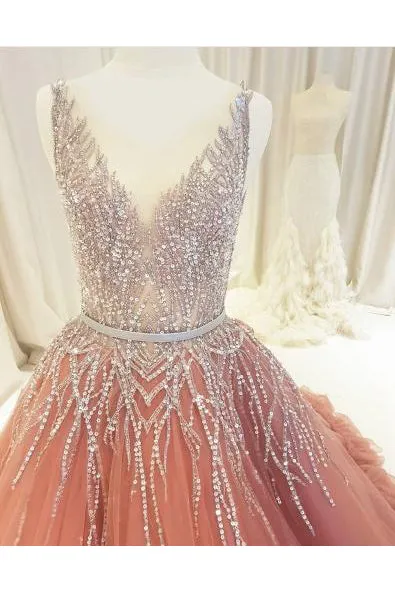 Sparkly Ball Gown V Neck Straps Sweep Train Sleeveless Rhinestone Long Tulle Prom Dress Evening Dress OHC194
