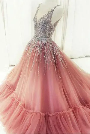 Sparkly Ball Gown V Neck Straps Sweep Train Sleeveless Rhinestone Long Tulle Prom Dress Evening Dress OHC194