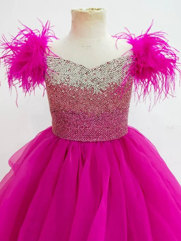 Sparkly Beaded Bodice Kids Fuchsia Pageant Dress