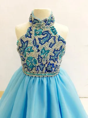 Sparkly Beaded Bodice Preteen Halter Evening Gown