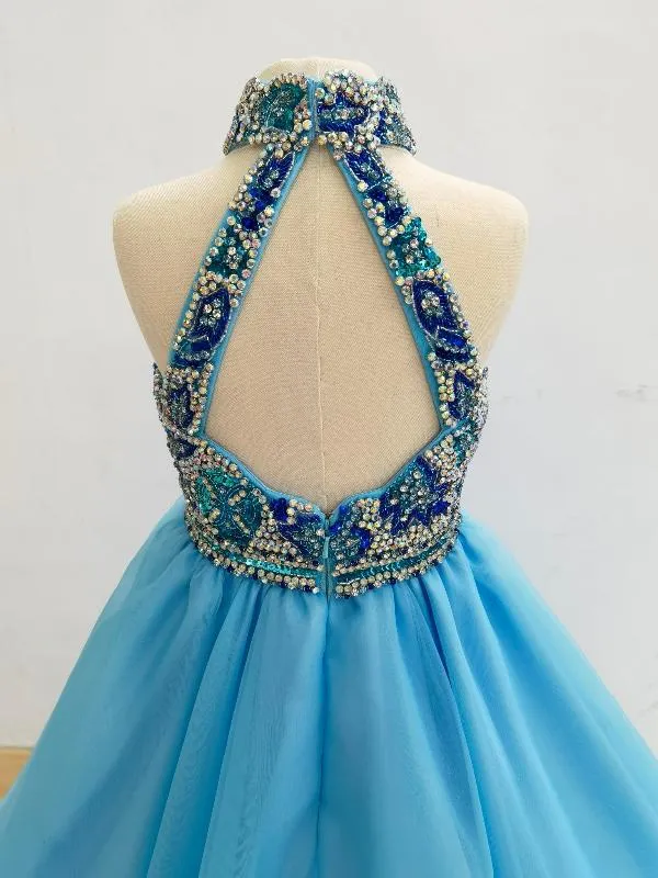 Sparkly Beaded Bodice Preteen Halter Evening Gown