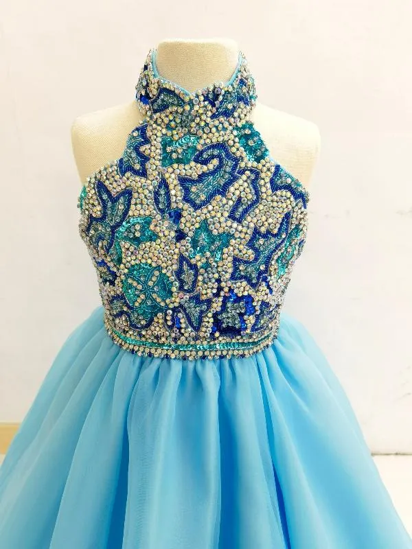 Sparkly Beaded Bodice Preteen Halter Evening Gown