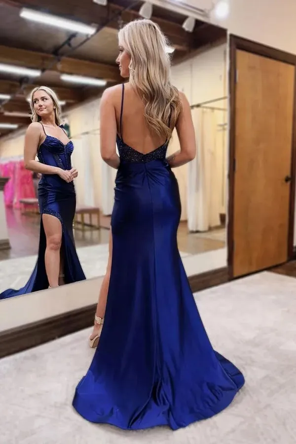Sparkly Mermaid Beaded Corset Navy Blue Long Prom Dress TP1361