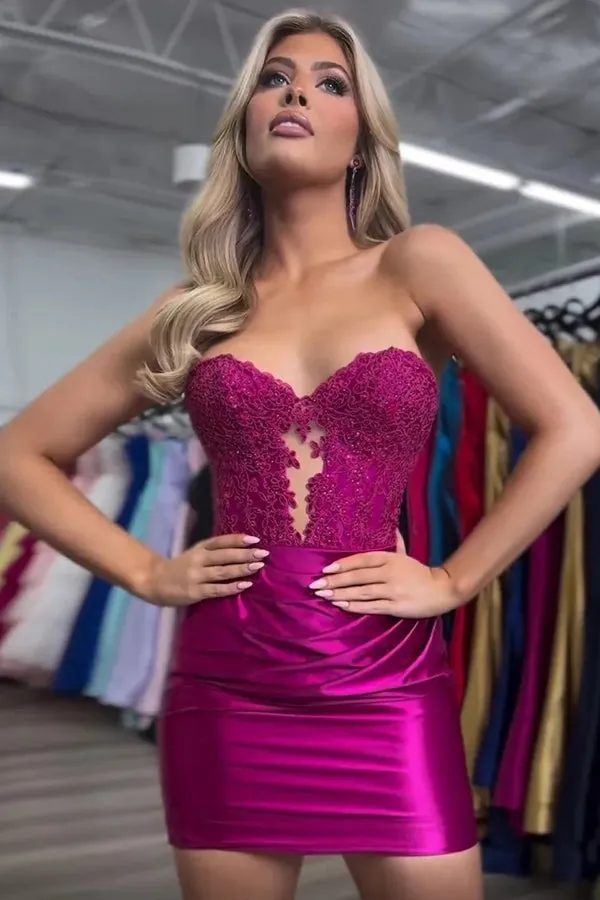 Sparkly Strapless Beaded Appliques Fuchsia Homecoming Dress TN432
