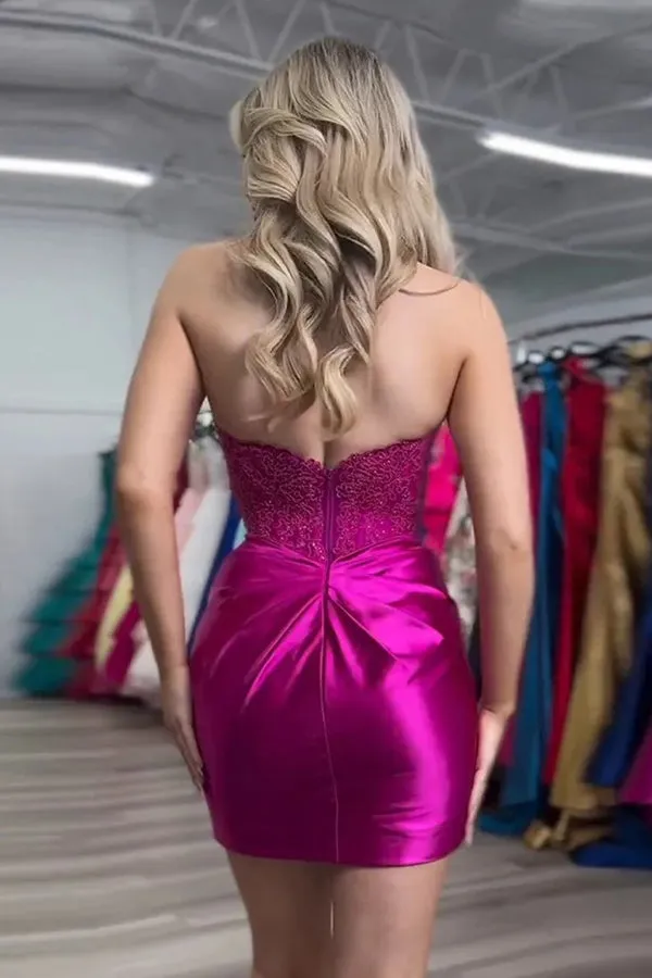 Sparkly Strapless Beaded Appliques Fuchsia Homecoming Dress TN432