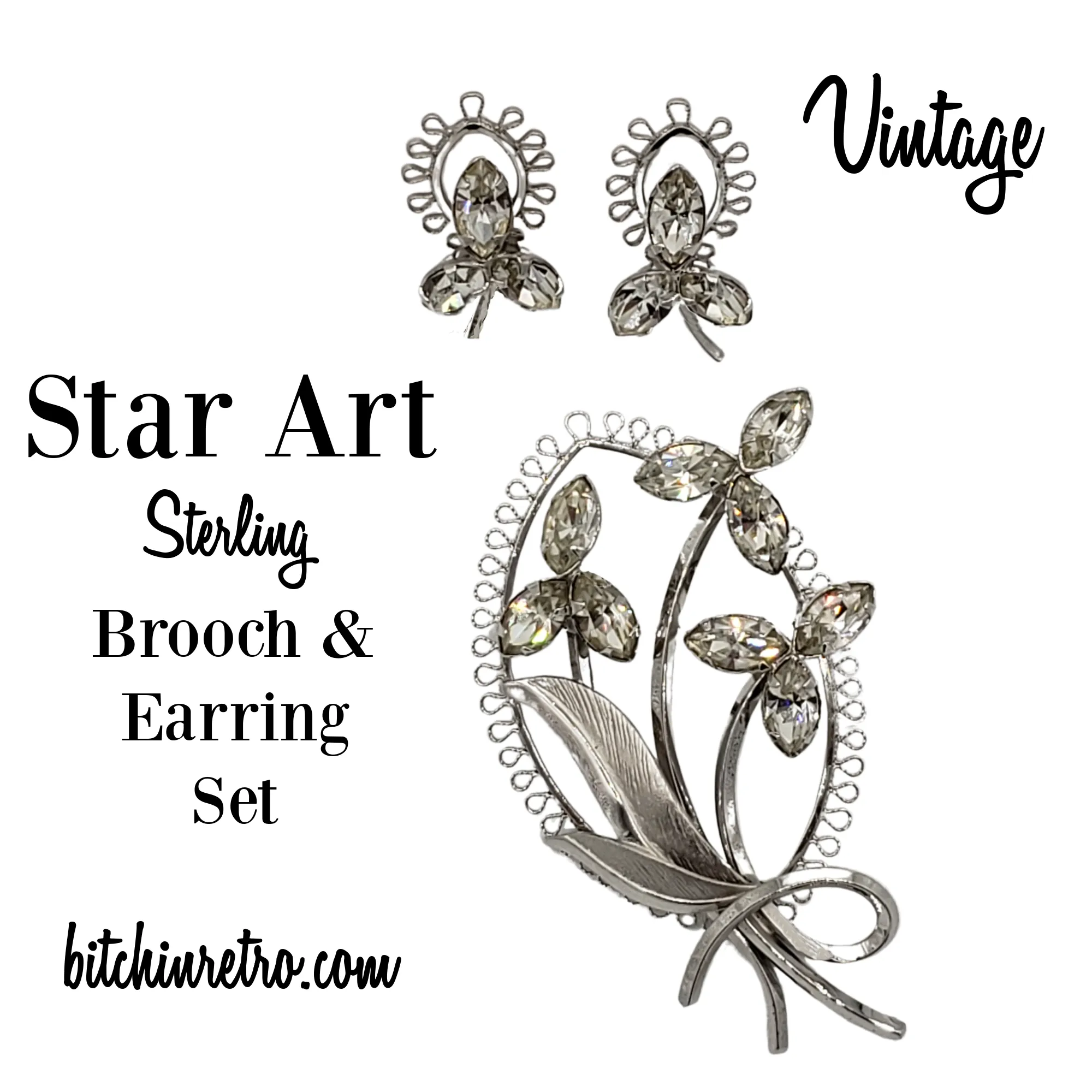Star Art Vintage Sterling Silver Brooch & Earring Set