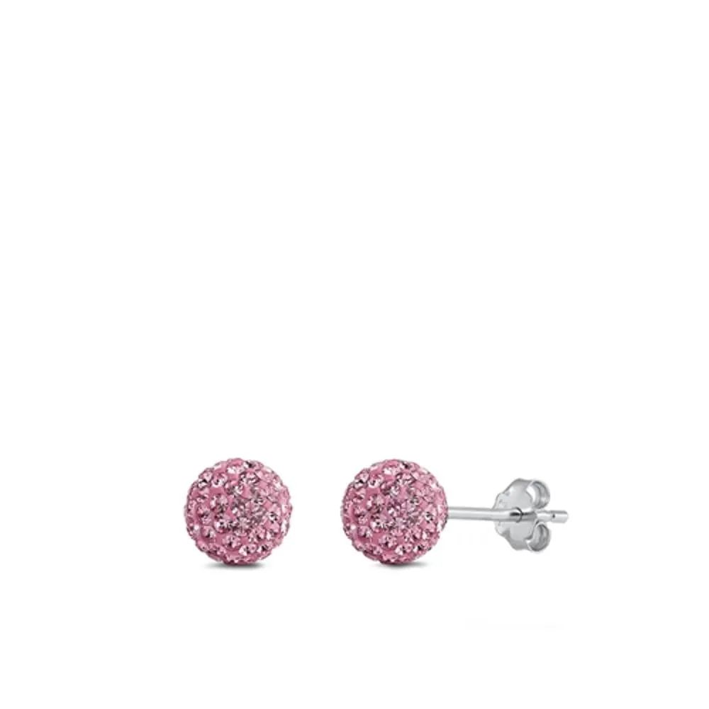 Sterling Silver High Polish Fashion Pink Rhinestone Ball Sphere Earrings 925 New