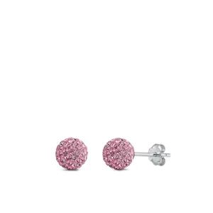Sterling Silver High Polish Fashion Pink Rhinestone Ball Sphere Earrings 925 New