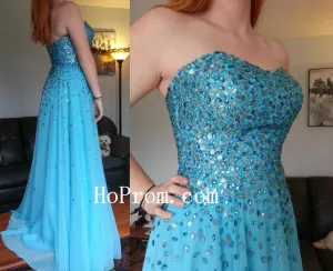 Strapless Prom Dresses,Blue Prom Dress,Beaded Evening Dresses
