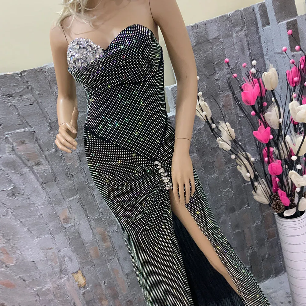 Strapless Sleeveless Rhinestone Maxi Bodycon Dress HT10610