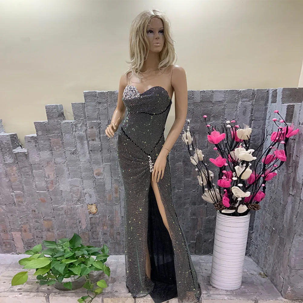Strapless Sleeveless Rhinestone Maxi Bodycon Dress HT10610