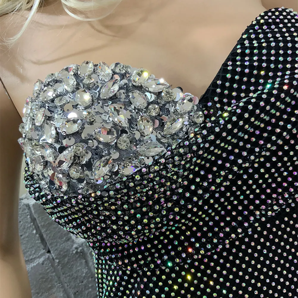 Strapless Sleeveless Rhinestone Maxi Bodycon Dress HT10610