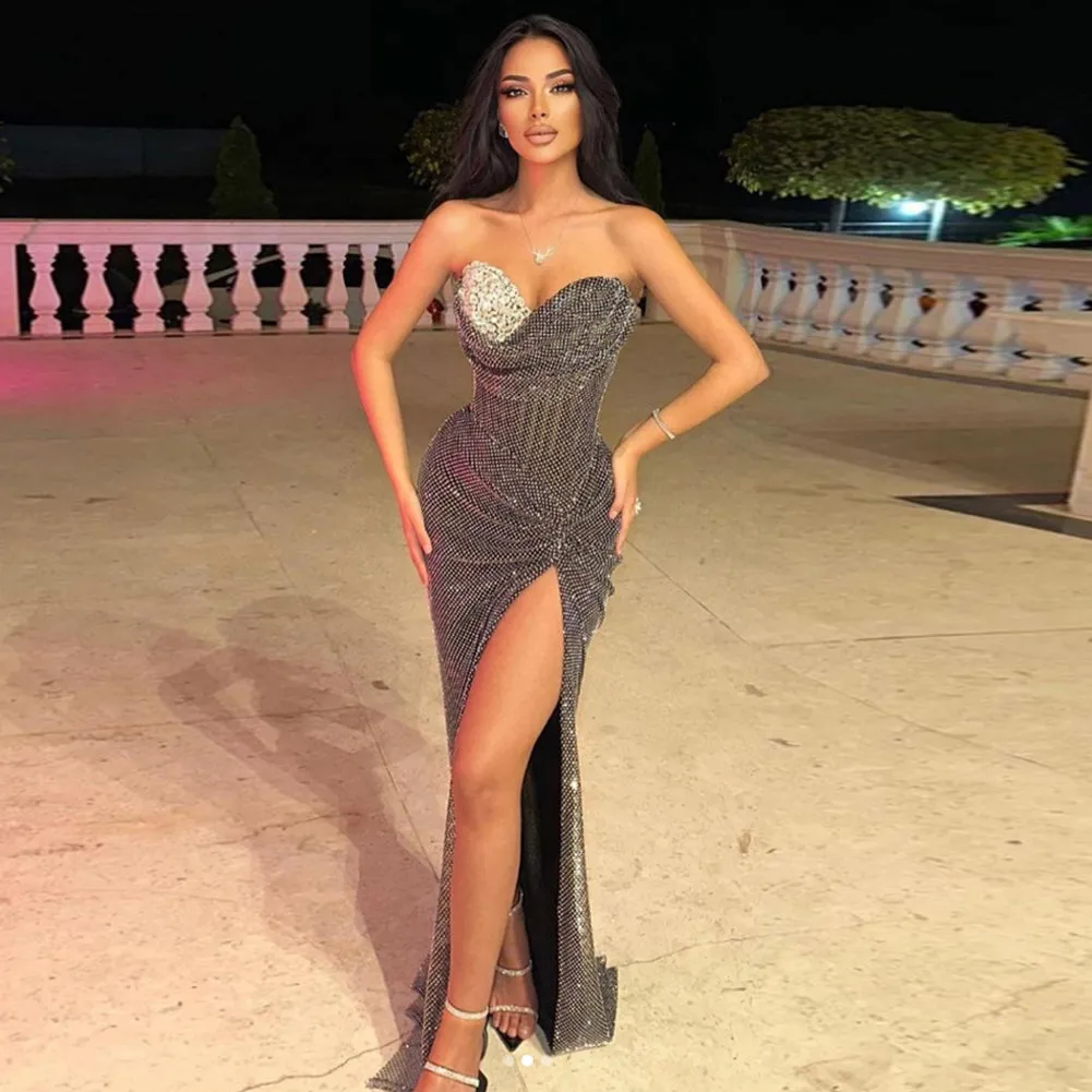 Strapless Sleeveless Rhinestone Maxi Bodycon Dress HT10610