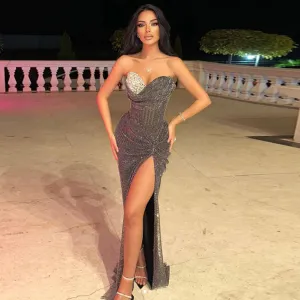 Strapless Sleeveless Rhinestone Maxi Bodycon Dress HT10610