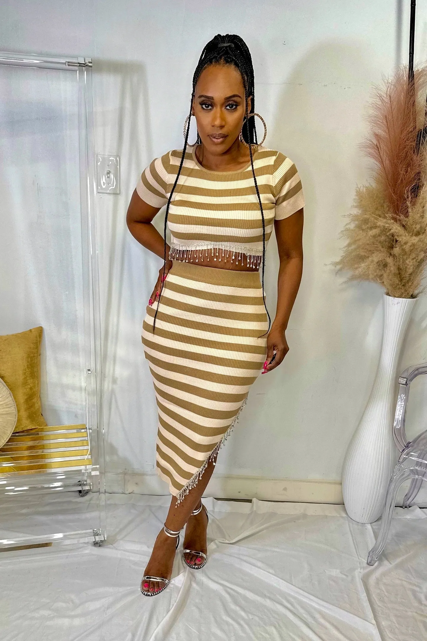 STRIPE RHINESTONE SKIRT SET