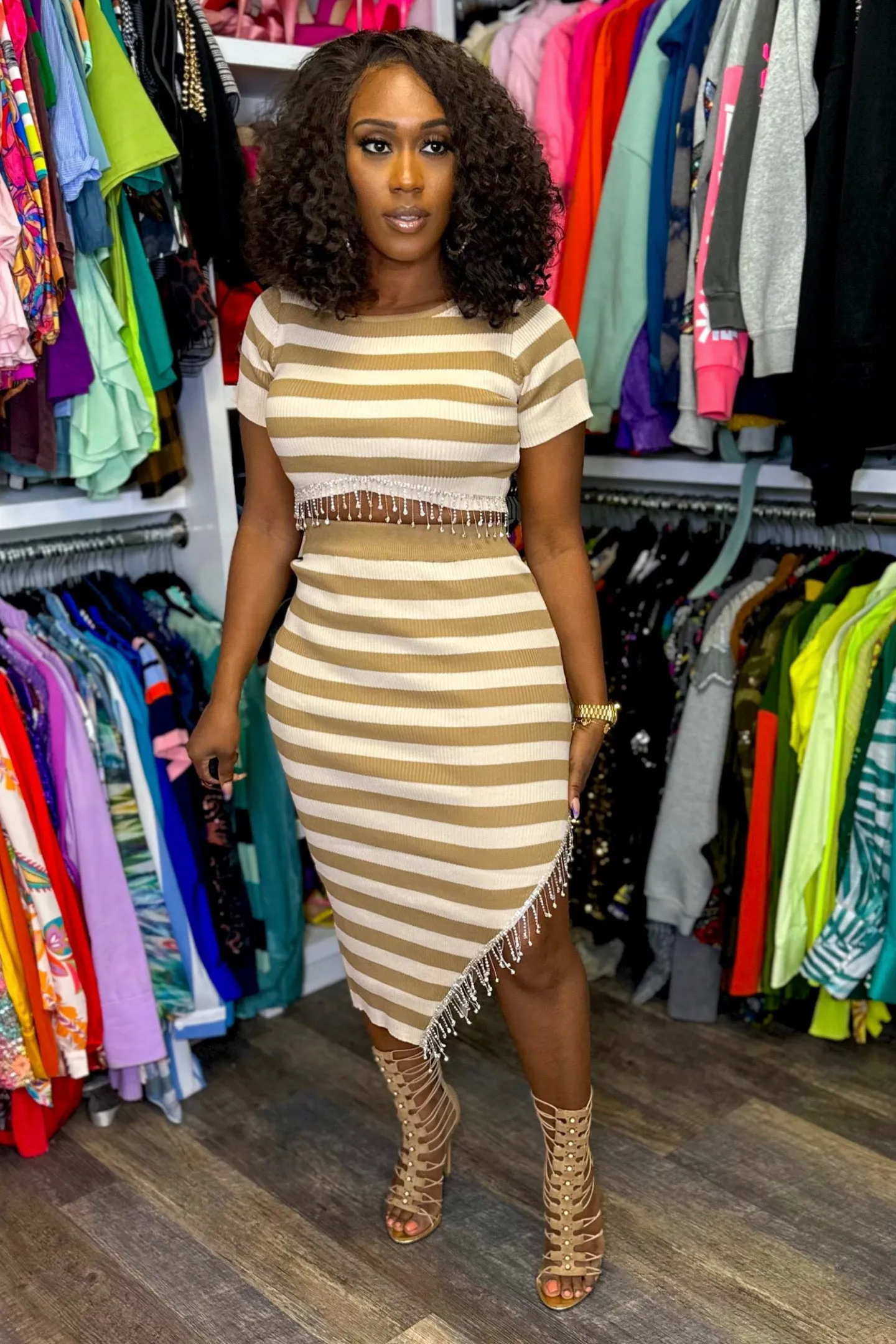 STRIPE RHINESTONE SKIRT SET