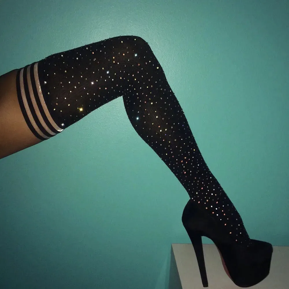 Striped Thigh High Rhinestone High-Top Socks