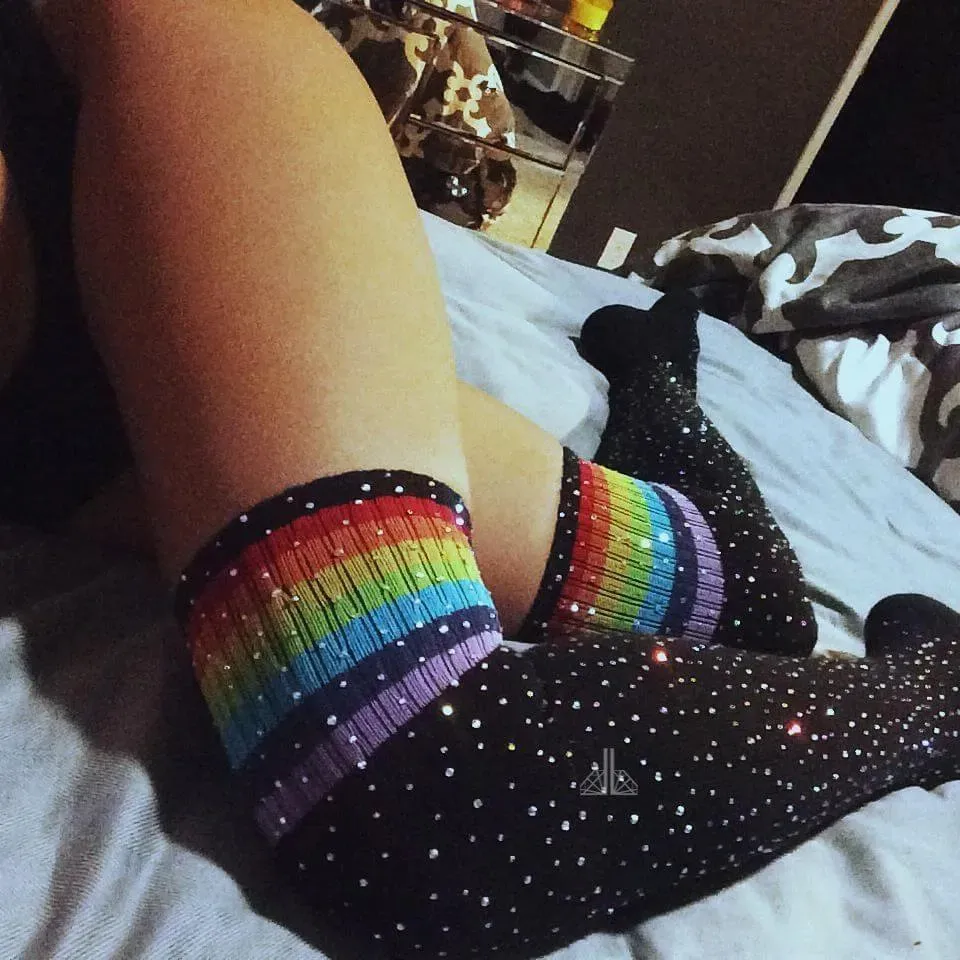 Striped Thigh High Rhinestone High-Top Socks