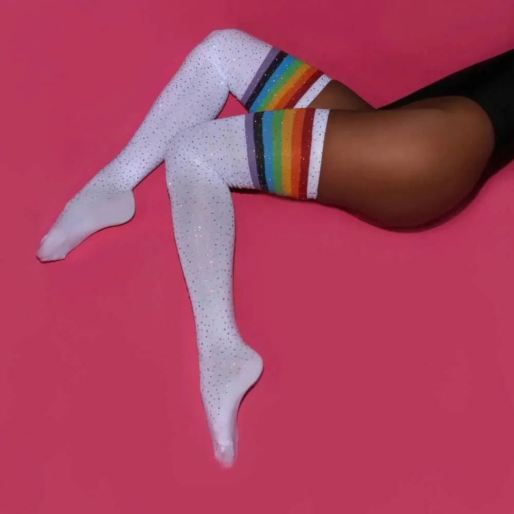 Striped Thigh High Rhinestone High-Top Socks