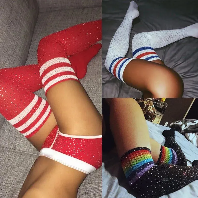 Striped Thigh High Rhinestone High-Top Socks
