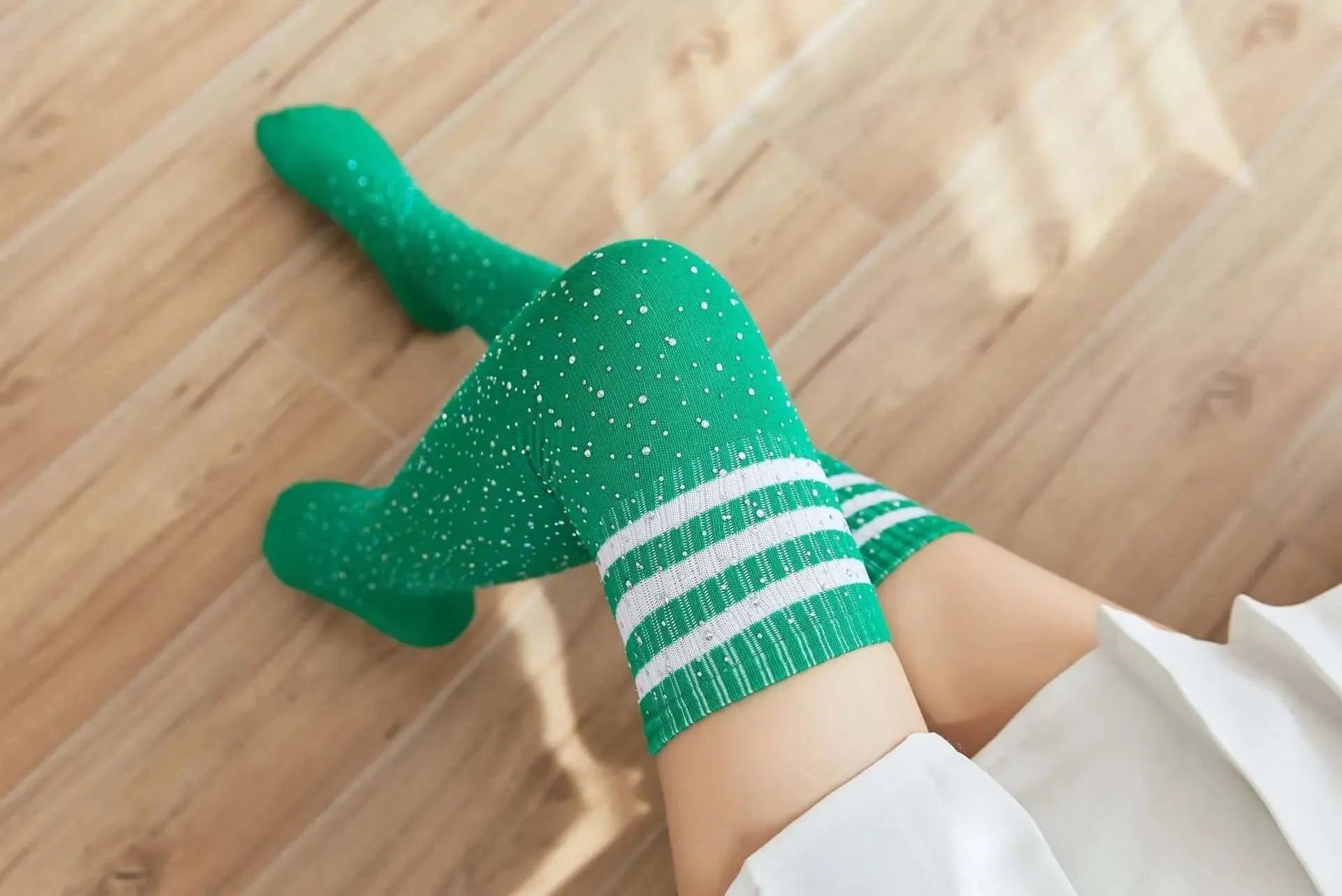 Striped Thigh High Rhinestone High-Top Socks