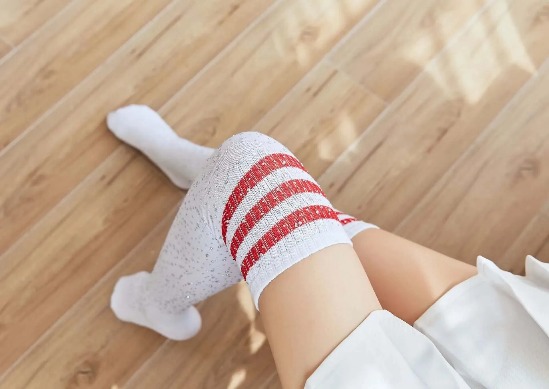 Striped Thigh High Rhinestone High-Top Socks