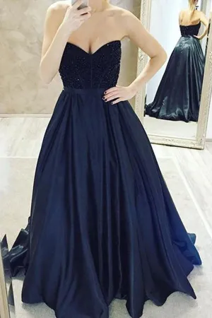 Sweetheart Jeweled Navy Satin Long Prom/Evening Dress Custom Made Online