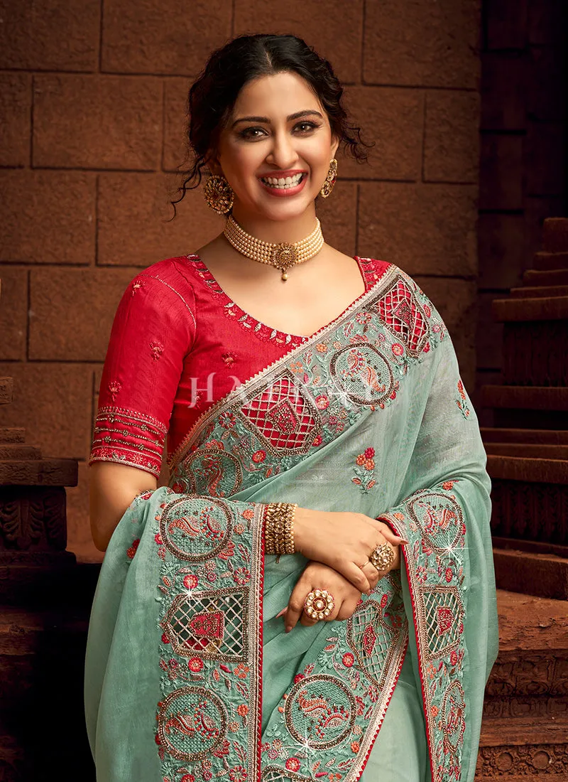 Teal And Red Multi Embroidered Partywear Saree