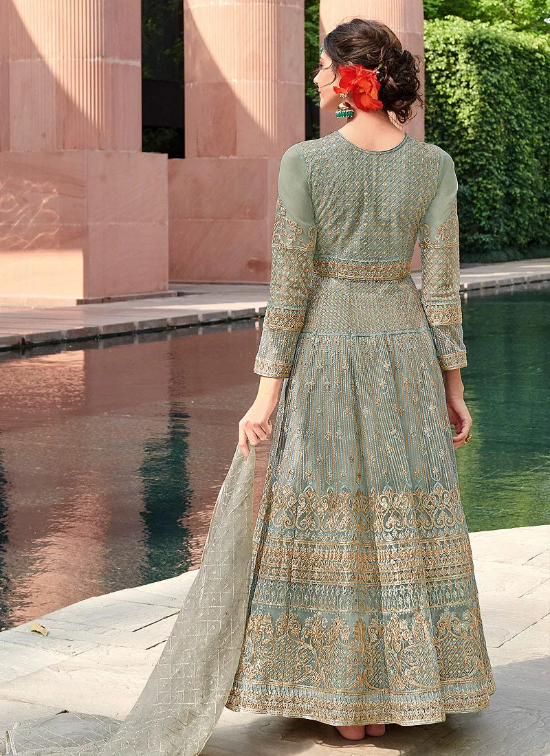 Teal Blue Golden Zari Embellished Designer Anarkali Gown