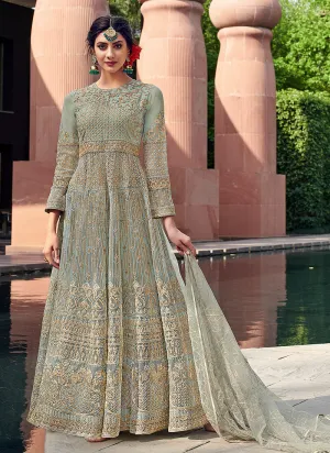 Teal Blue Golden Zari Embellished Designer Anarkali Gown