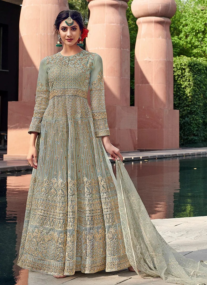 Teal Blue Golden Zari Embellished Designer Anarkali Gown