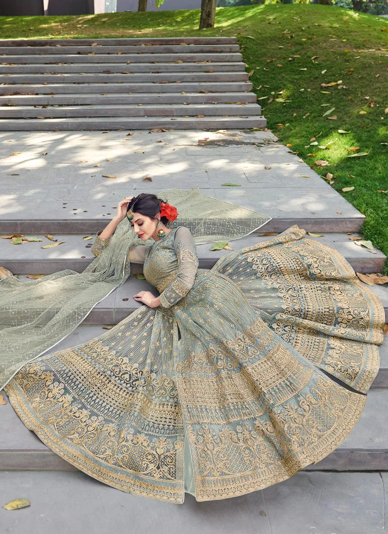 Teal Blue Golden Zari Embellished Designer Anarkali Gown