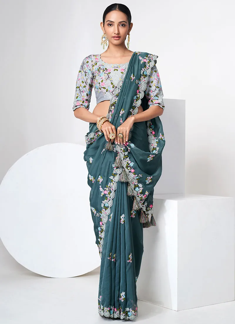 Teal Blue Multi Appliqué Embroidery Organza Silk Saree