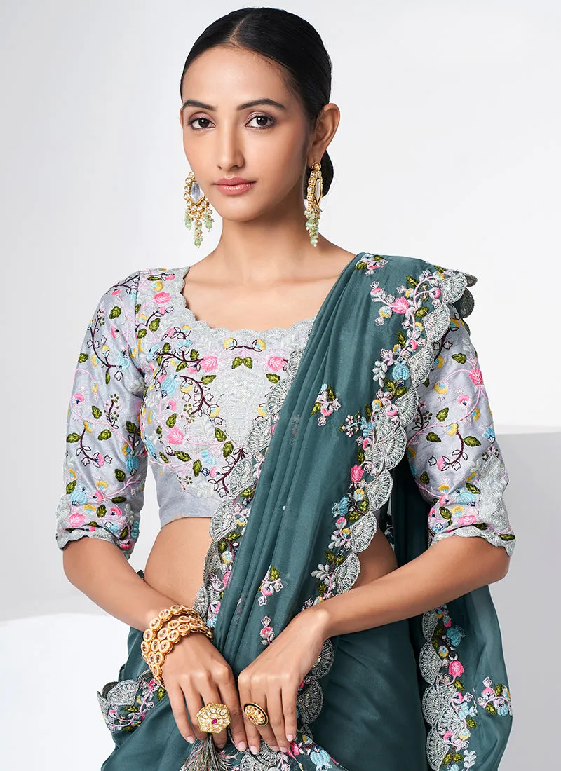 Teal Blue Multi Appliqué Embroidery Organza Silk Saree