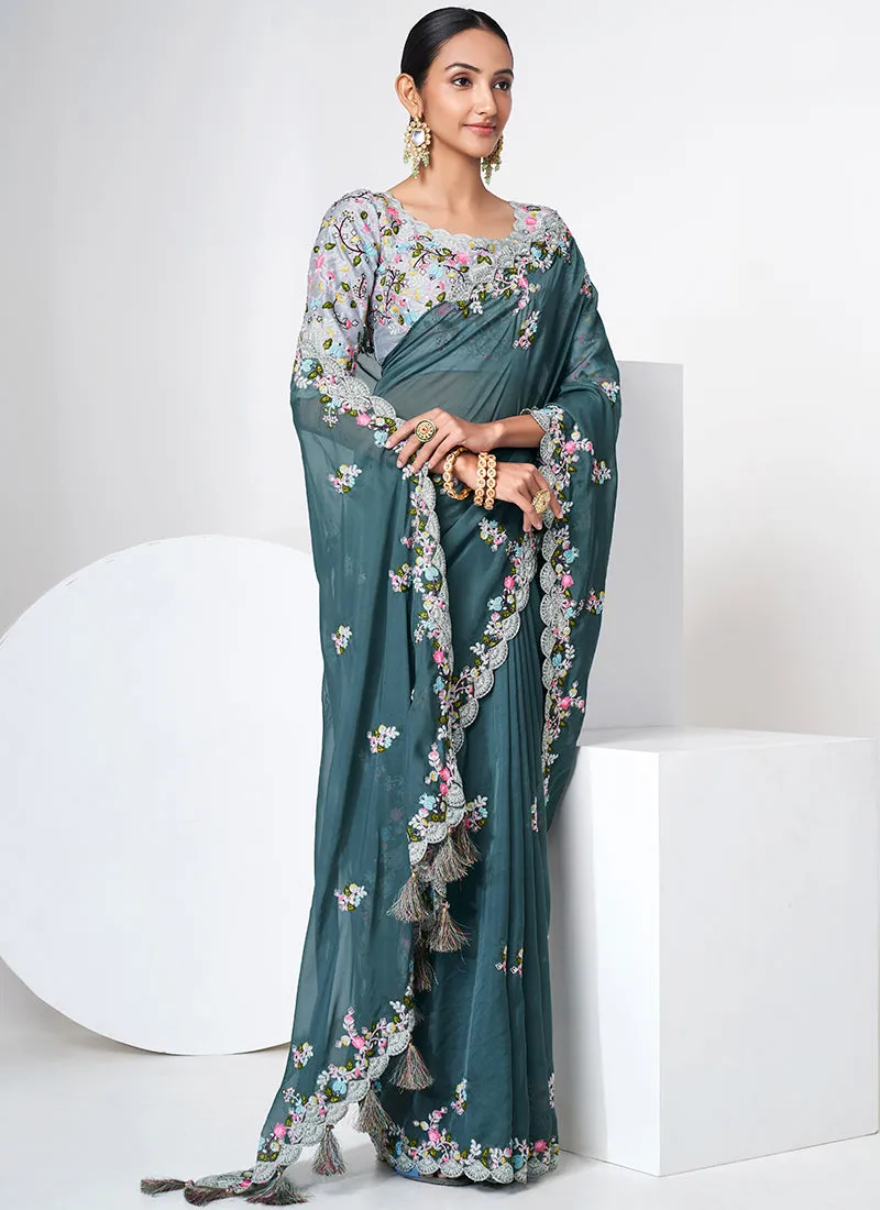 Teal Blue Multi Appliqué Embroidery Organza Silk Saree