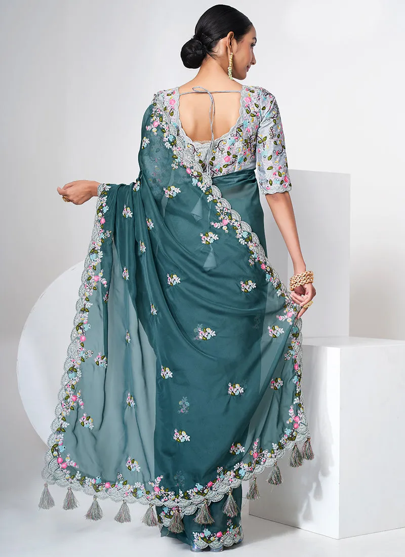 Teal Blue Multi Appliqué Embroidery Organza Silk Saree