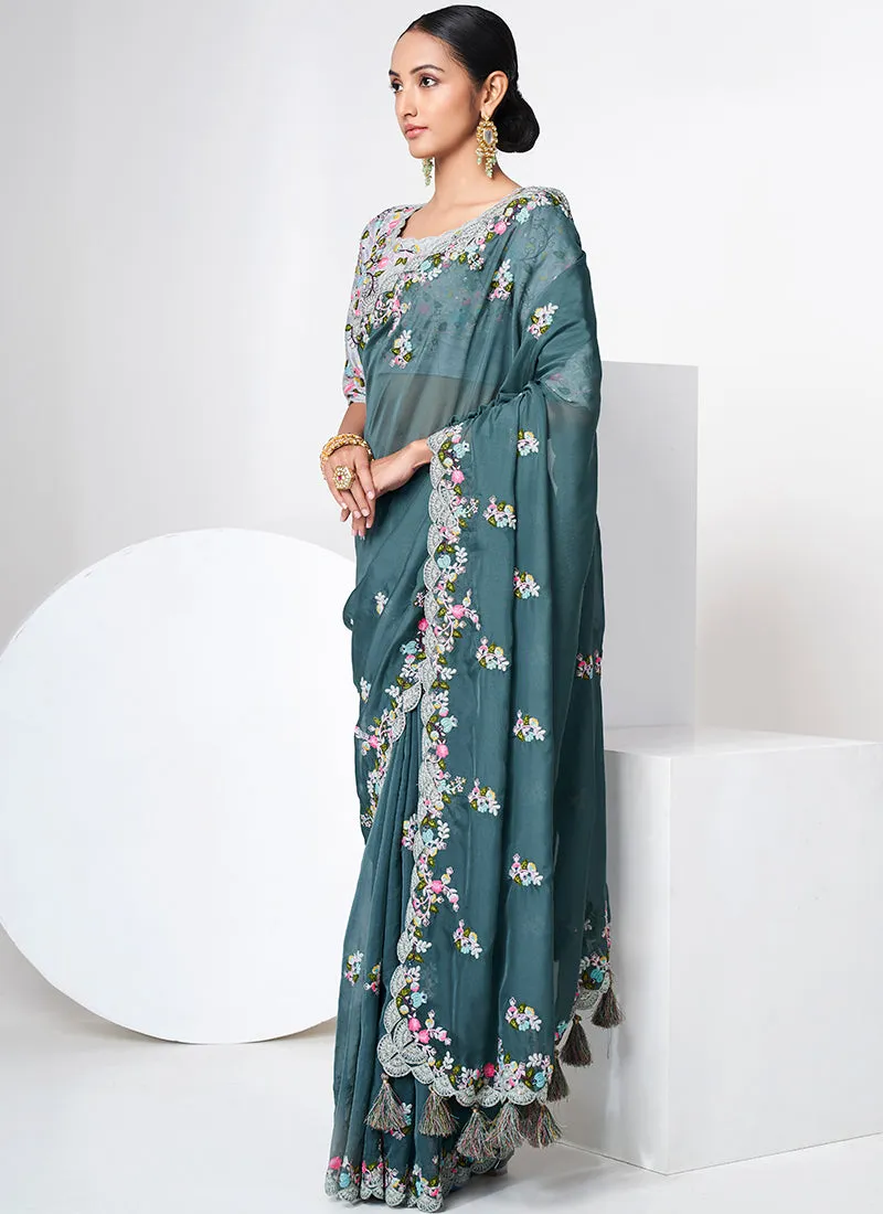 Teal Blue Multi Appliqué Embroidery Organza Silk Saree