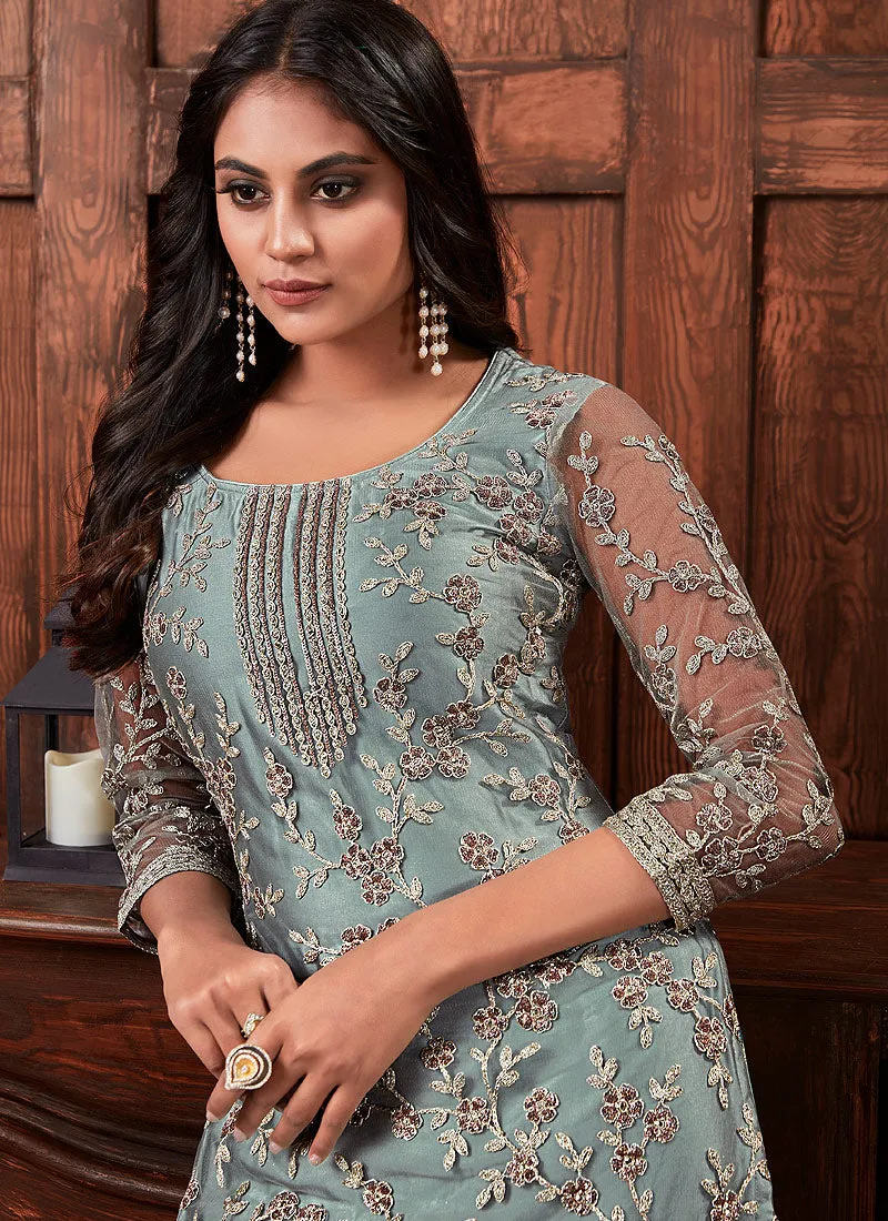 Teal Blue Multi Embroidered Designer Palazzo Suit