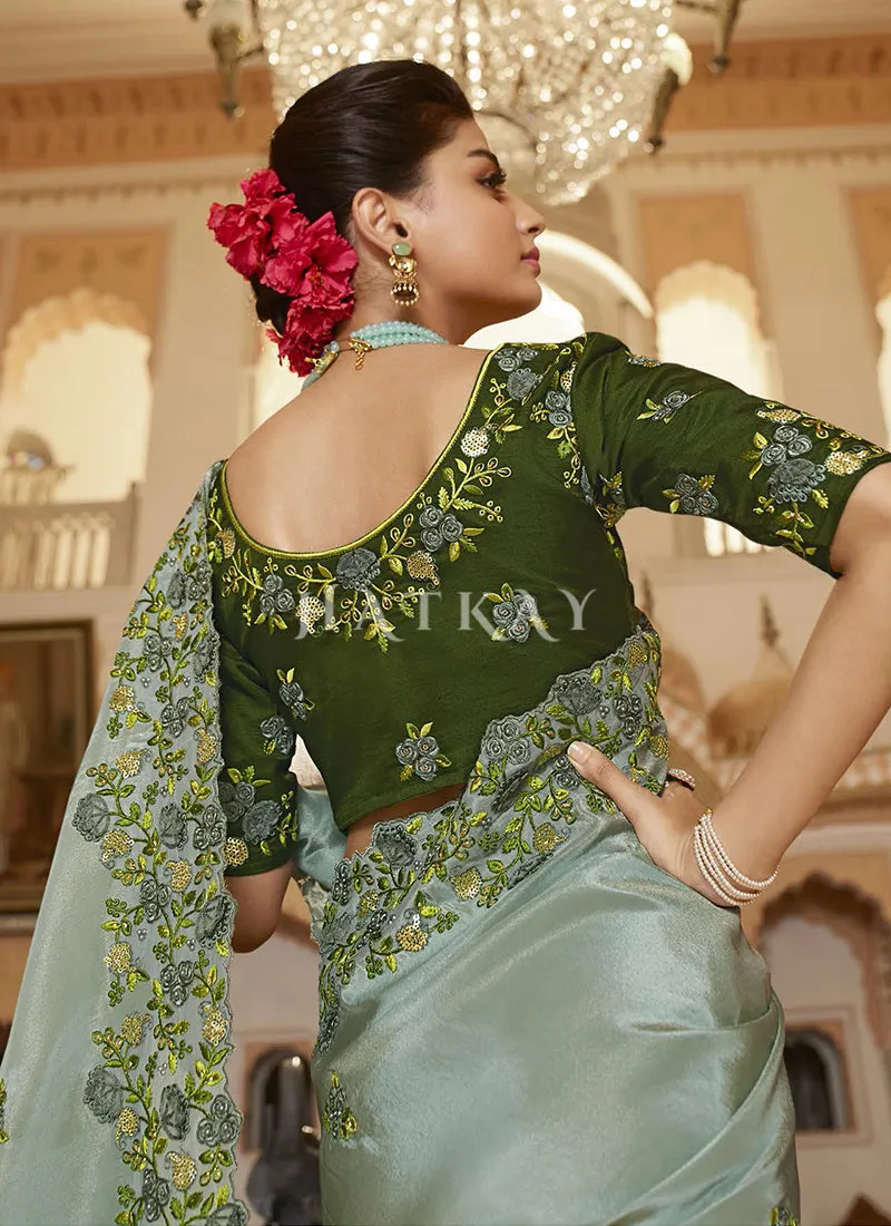 Teal Blue Multi Embroidered Traditional Saree