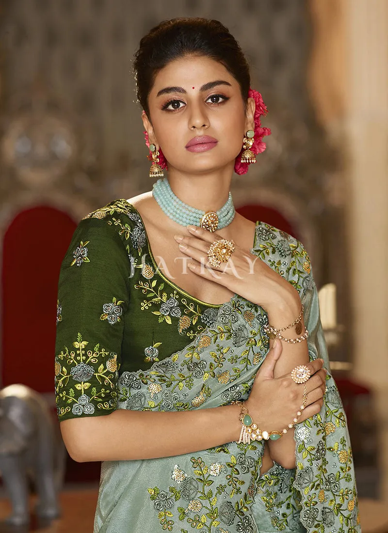 Teal Blue Multi Embroidered Traditional Saree