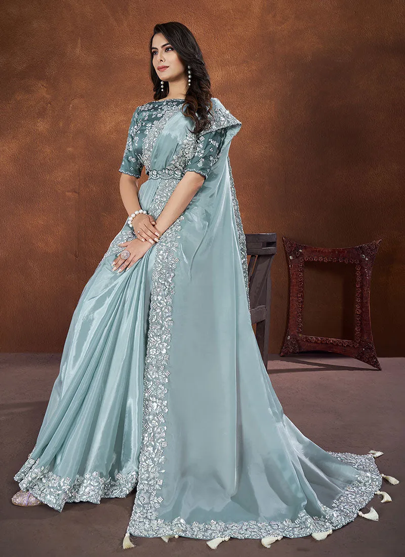 Teal Blue Sequence And Thread Embroidery Saree With Belt