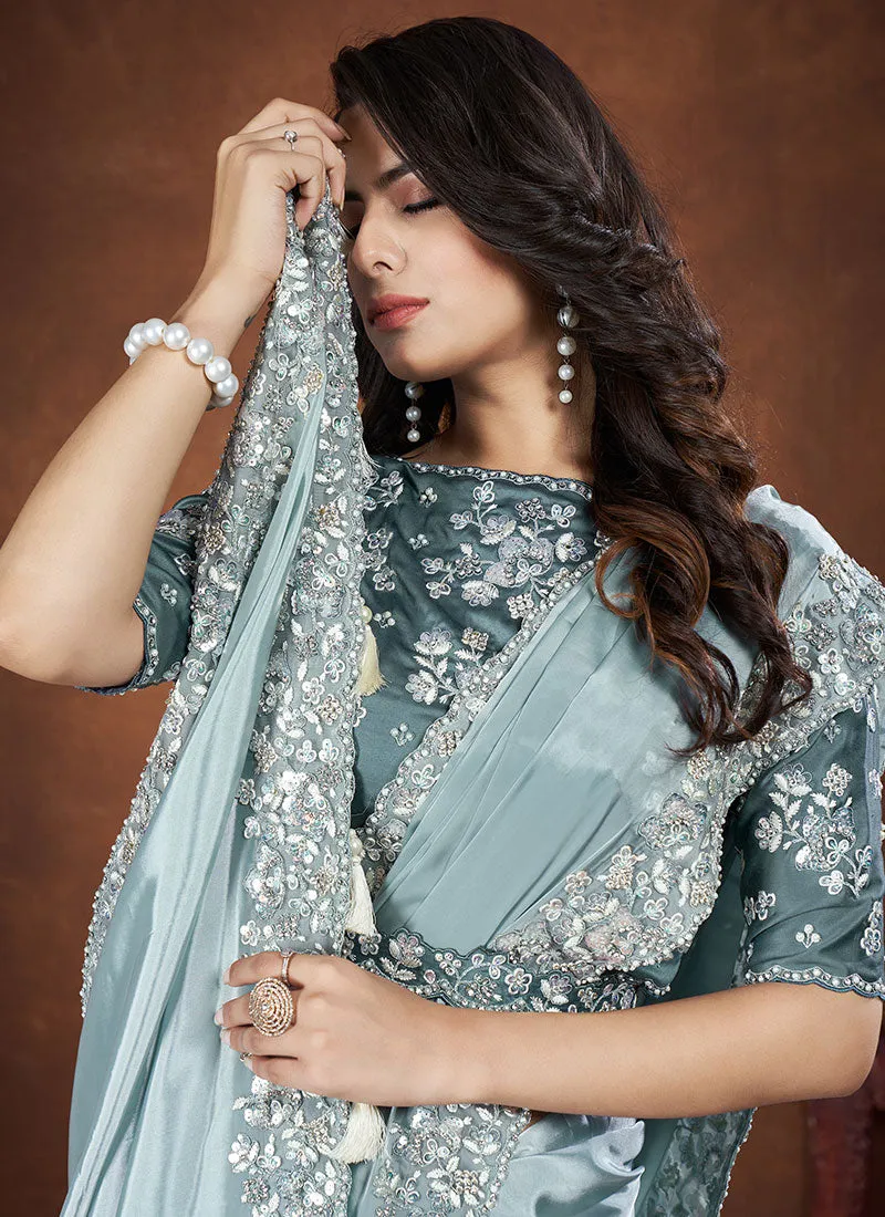 Teal Blue Sequence And Thread Embroidery Saree With Belt
