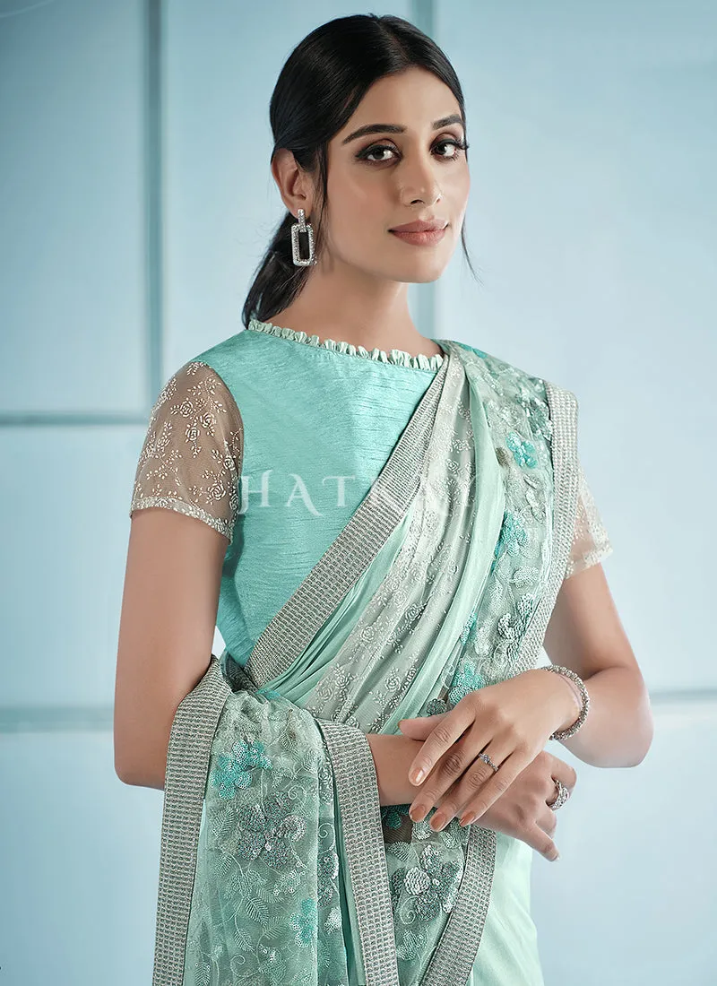 Teal Blue Silver Sequence Embroidered Festive Saree