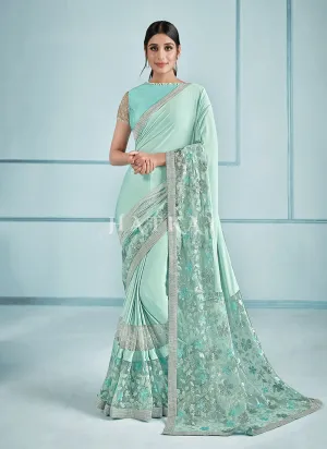 Teal Blue Silver Sequence Embroidered Festive Saree