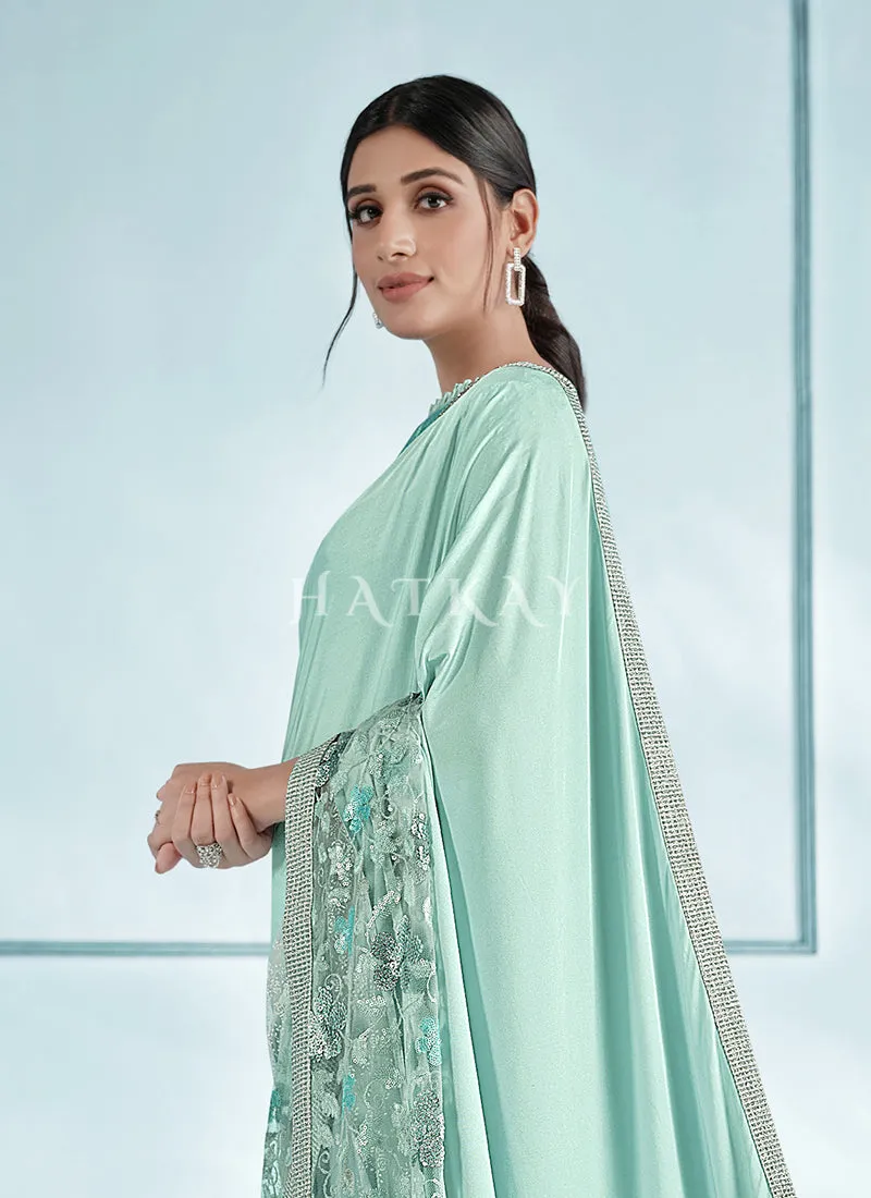 Teal Blue Silver Sequence Embroidered Festive Saree
