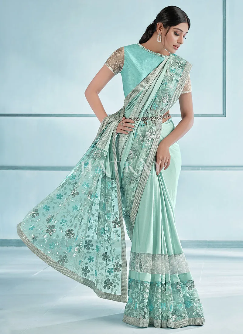Teal Blue Silver Sequence Embroidered Festive Saree